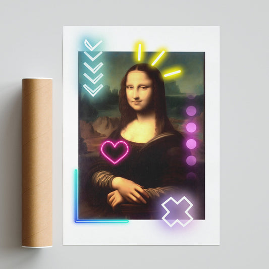 Mona Lisa neon art poster — Da Vinci masterpiece bold neon pop art wall decoration UK