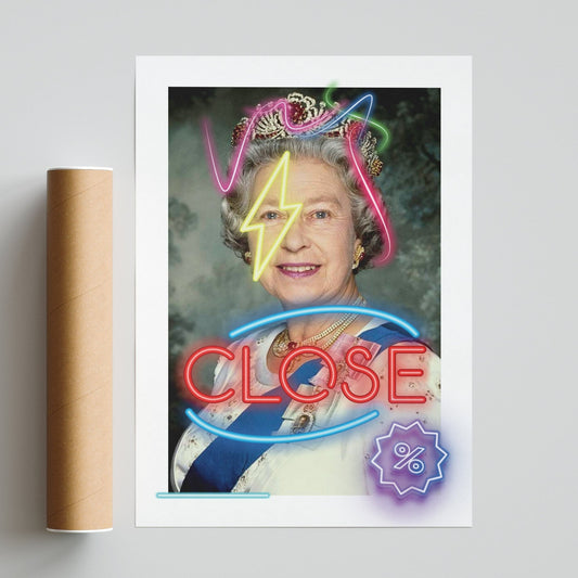 Queen Elizabeth II photo neon art poster — bold pop art portrait royal neon colours wall decoration UK