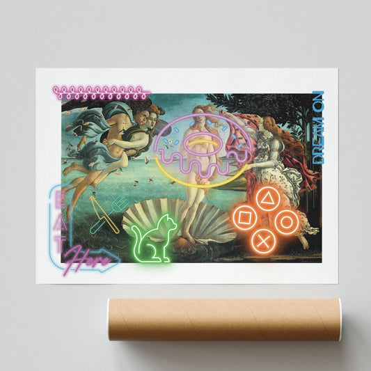 The Birth of Venus neon art poster — Botticelli Renaissance masterpiece neon pop art wall decoration UK