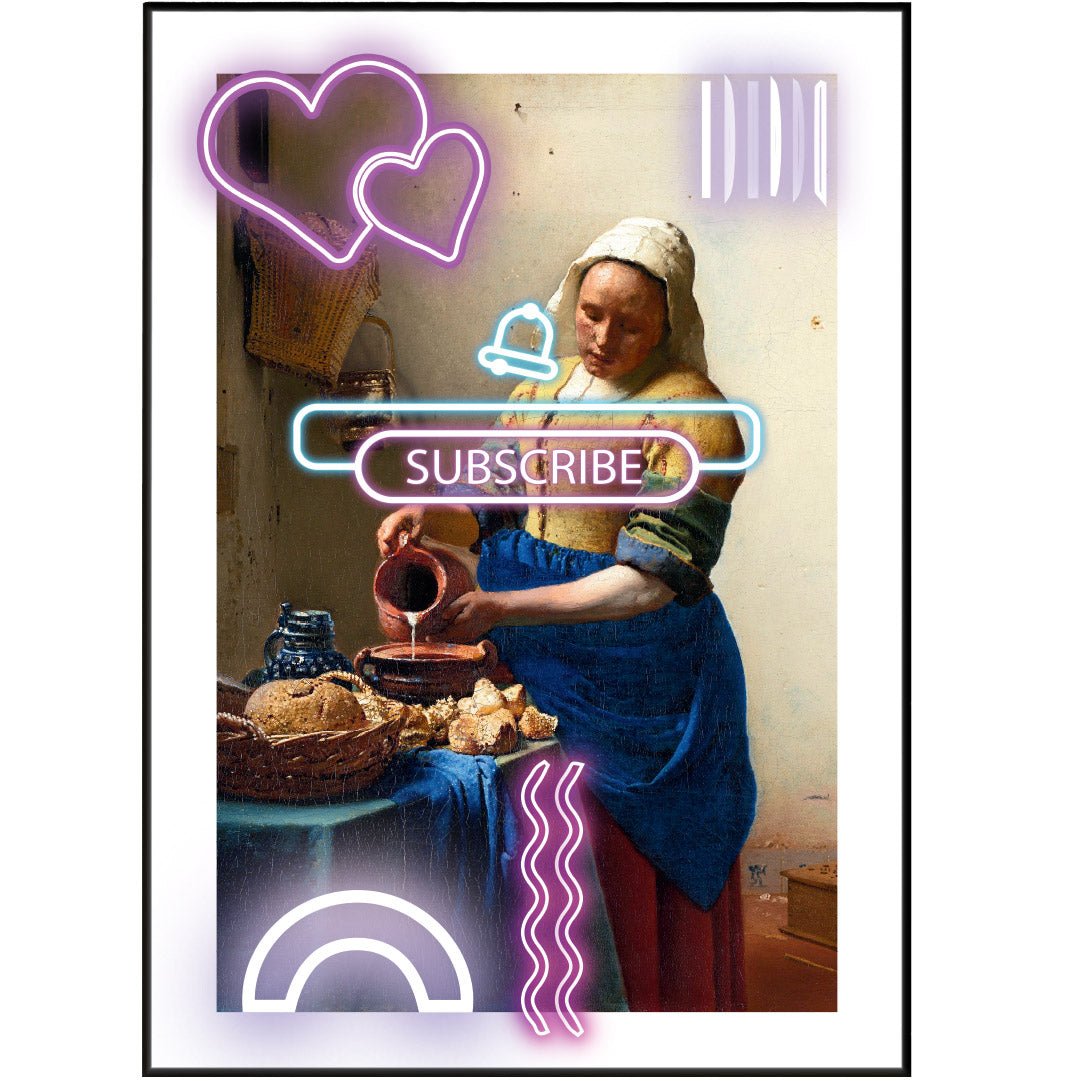 The Milkmaid neon art poster — Vermeer Dutch Golden Age masterpiece neon pop art wall decoration UK - 98types