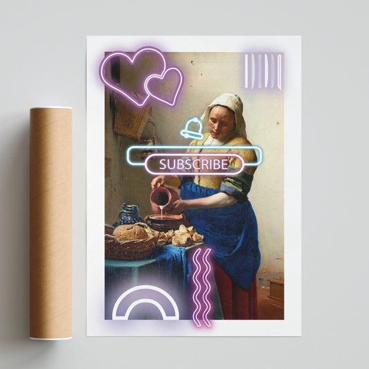The Milkmaid neon art poster — Vermeer Dutch Golden Age masterpiece neon pop art wall decoration UK - 98types