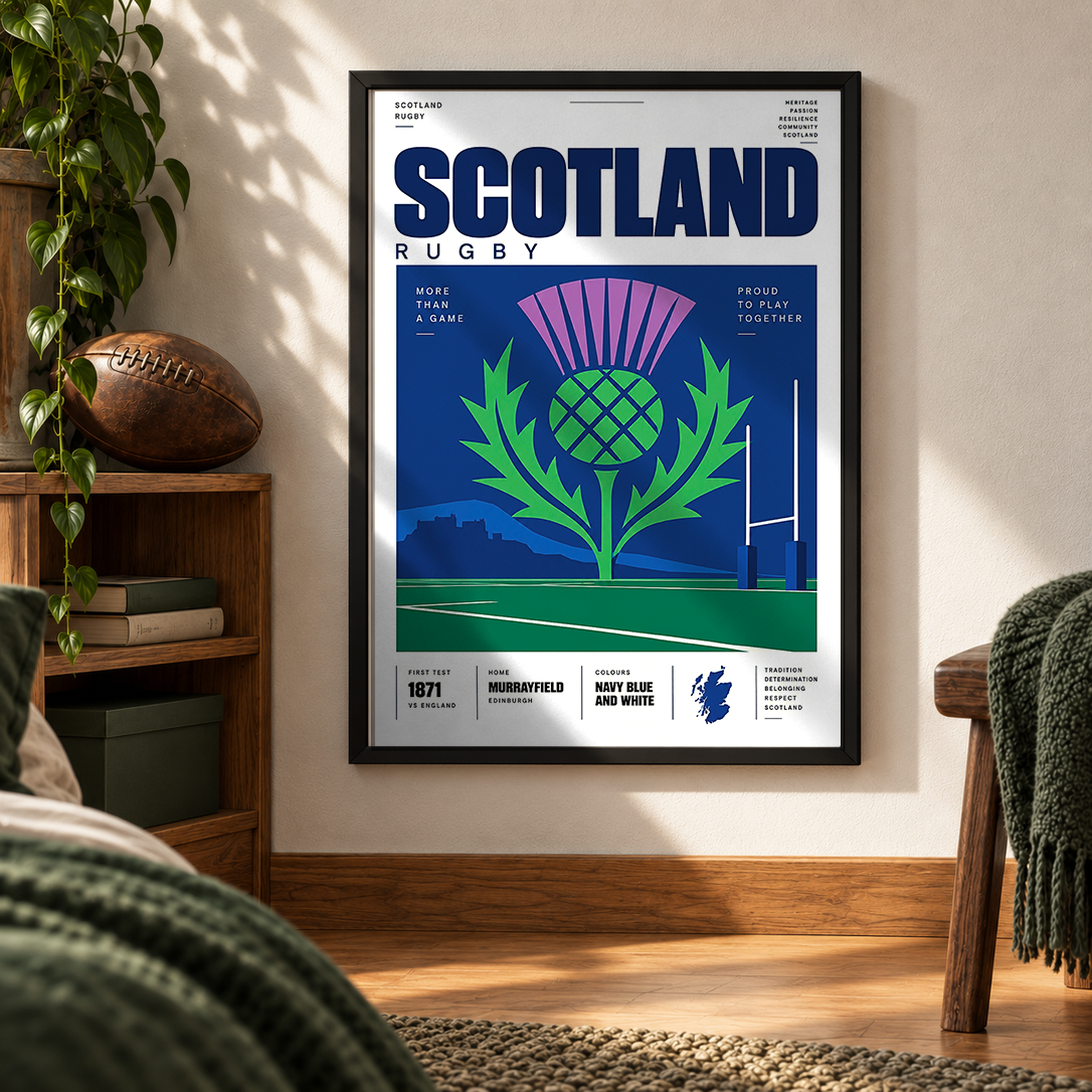 Scotland rugby poster with thistle theme – Scottish rugby wall art by 98types
