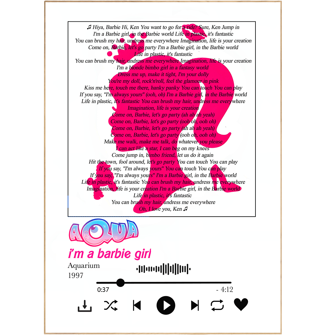 Aqua - Barbie Girl Lyrics Poster - 98typessong lyric prints