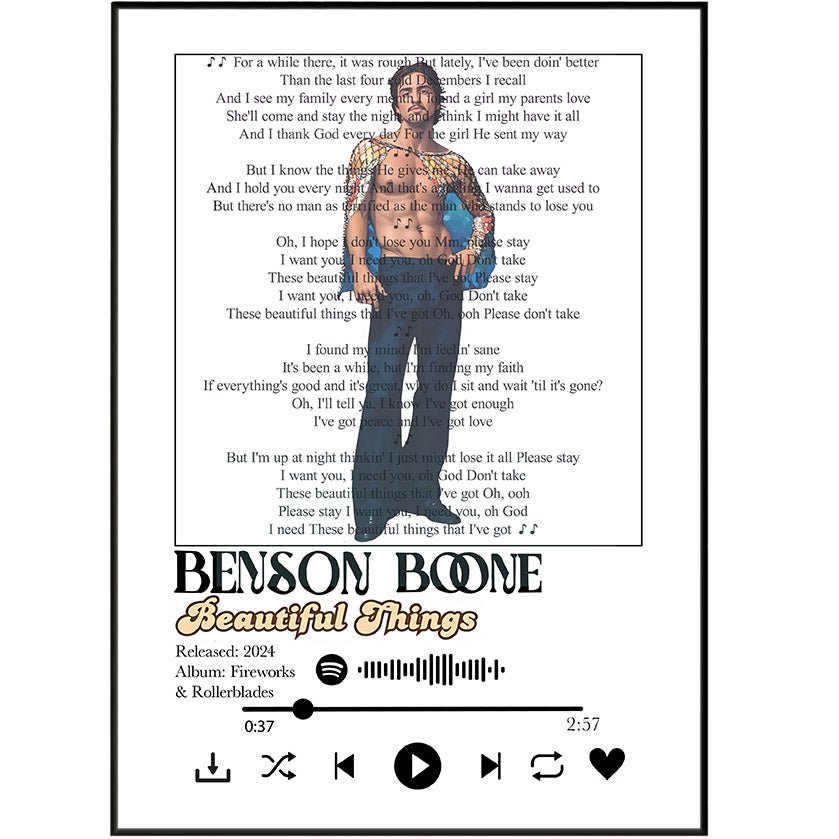 Benson Boone - Beautiful Things Lyrics Prints - 98typessong lyric prints