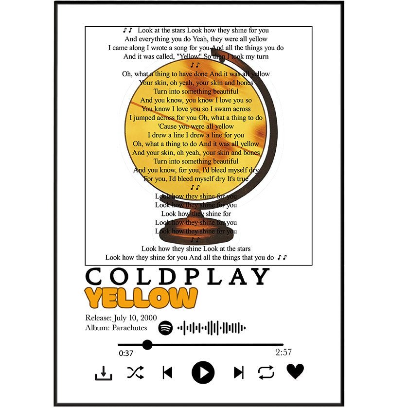 Coldplay - Yellow Lyrics Prints - 98typessong lyric prints
