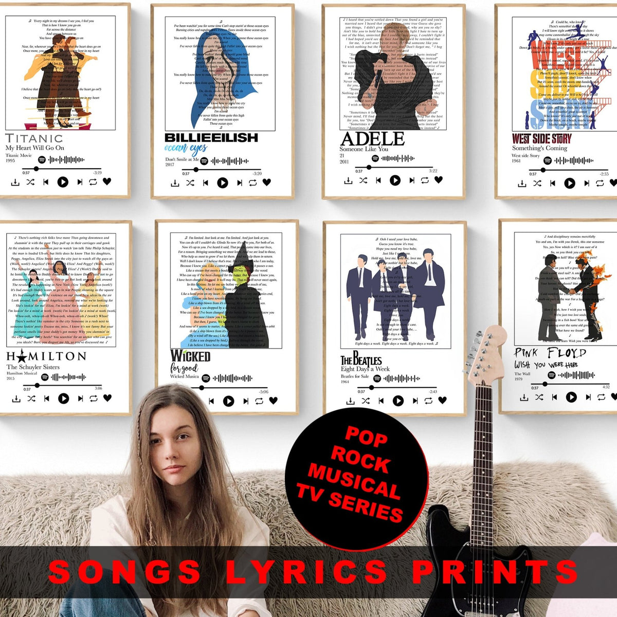Custom personalised song lyrics print gift art poster UK 98types