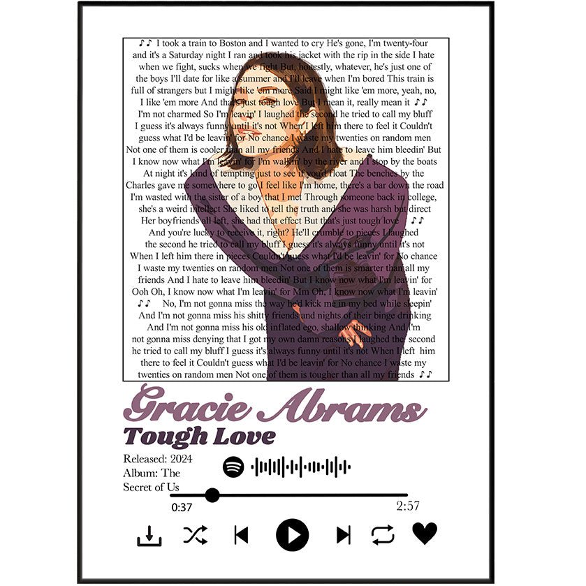 Gracie Abrams - Tough love lyrics Prints - 98typessong lyric prints