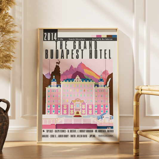 The Grand Budapest Hotel film poster — Wes Anderson Ralph Fiennes pastel symmetrical wall art print UK