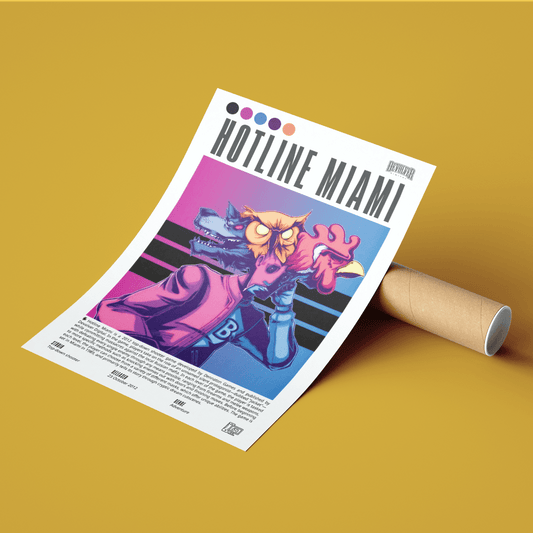 Hotline Miami 2012 game poster — Dennaton Jacket masks top-down action synth wall art print UK
- 98types
