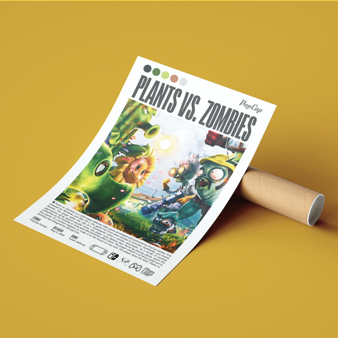 Plants vs Zombies 2009 game poster — PopCap Sunflower Peashooter zombie tower defence wall art print UK
- 98types