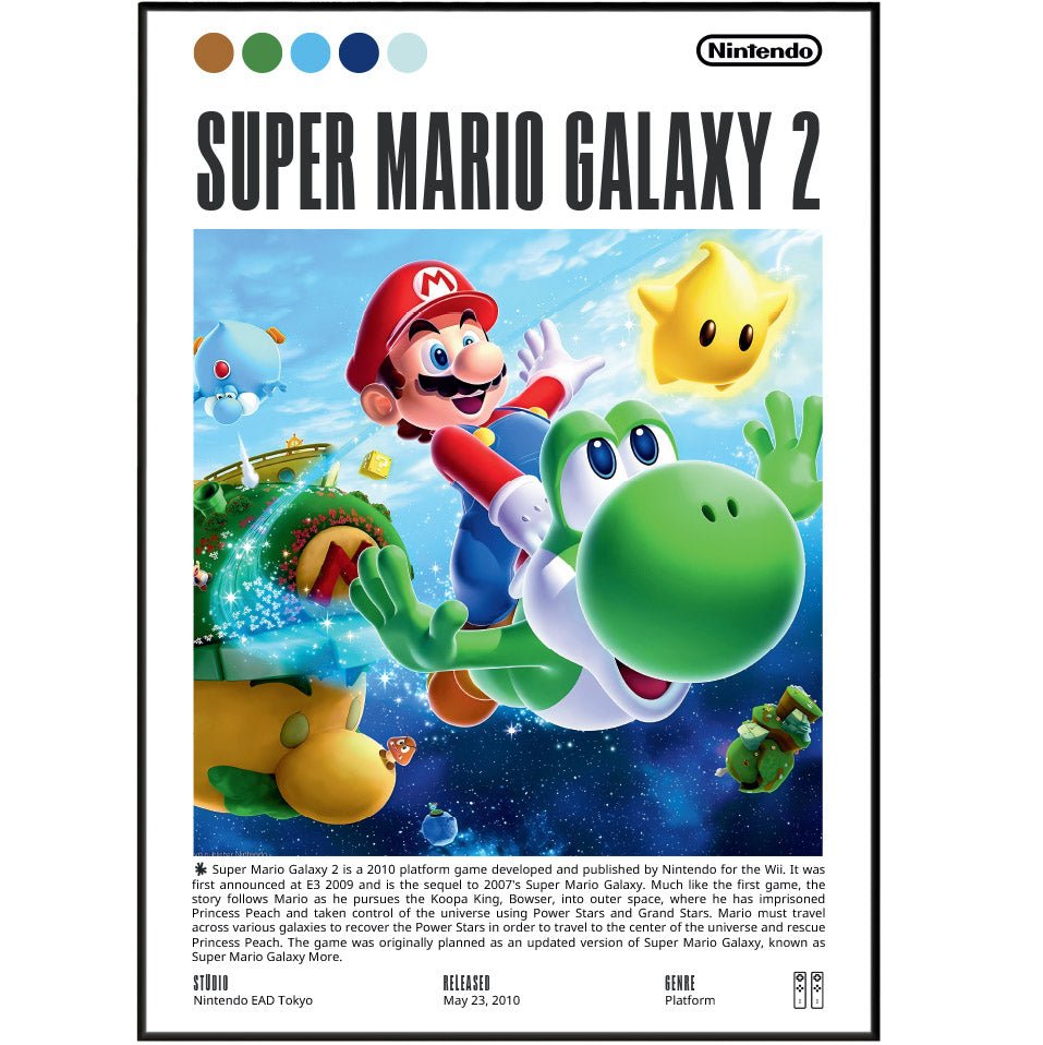 Super Mario Galaxy 2 2010 game poster — Nintendo Mario Yoshi green stars Wii space platformer wall art print UK - 98types