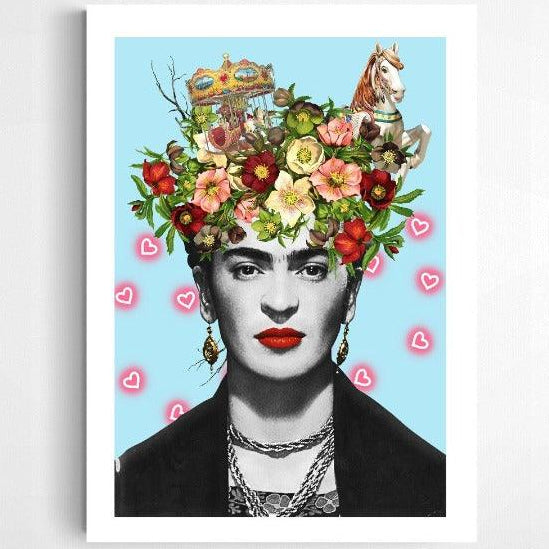 Frida Kahlo Floral Love pop art poster — bold floral portrait feminist wall decoration UK