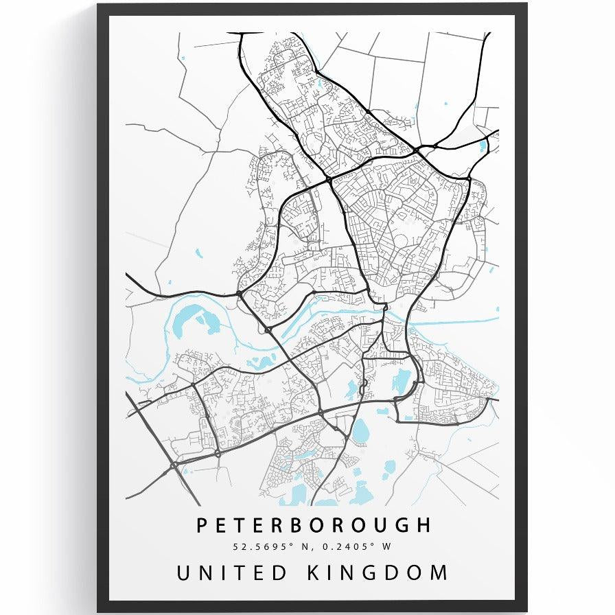 Peterborough Cambridgeshire street map print — cathedral city map wall art poster UK - 98types