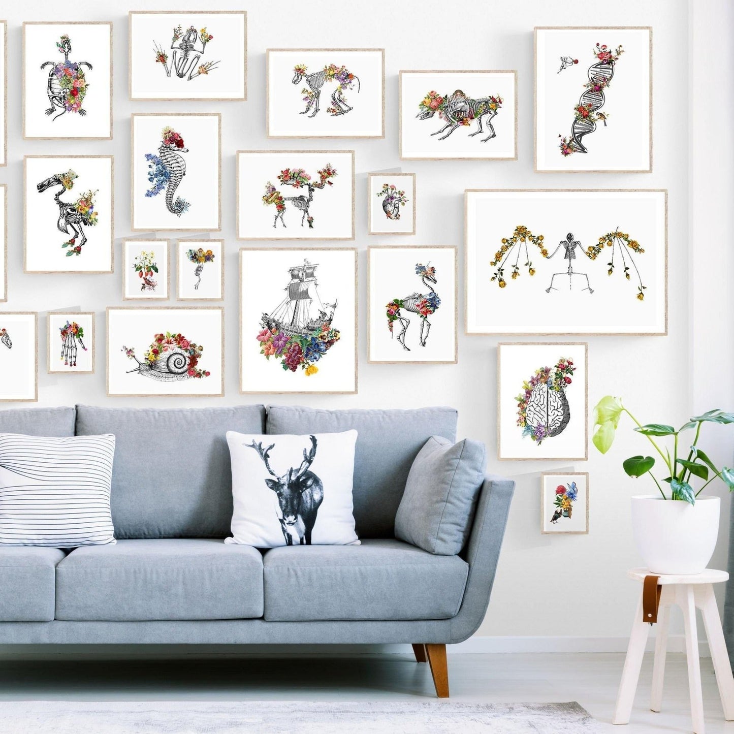 Deer Skeleton Anatomical Flowers Body Print - 98types