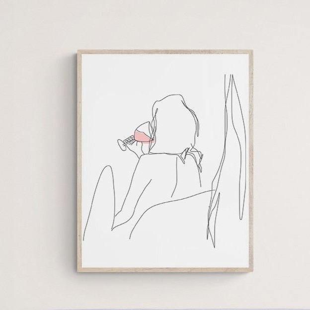 Woman Drinking Wine Line Art Print - 98types