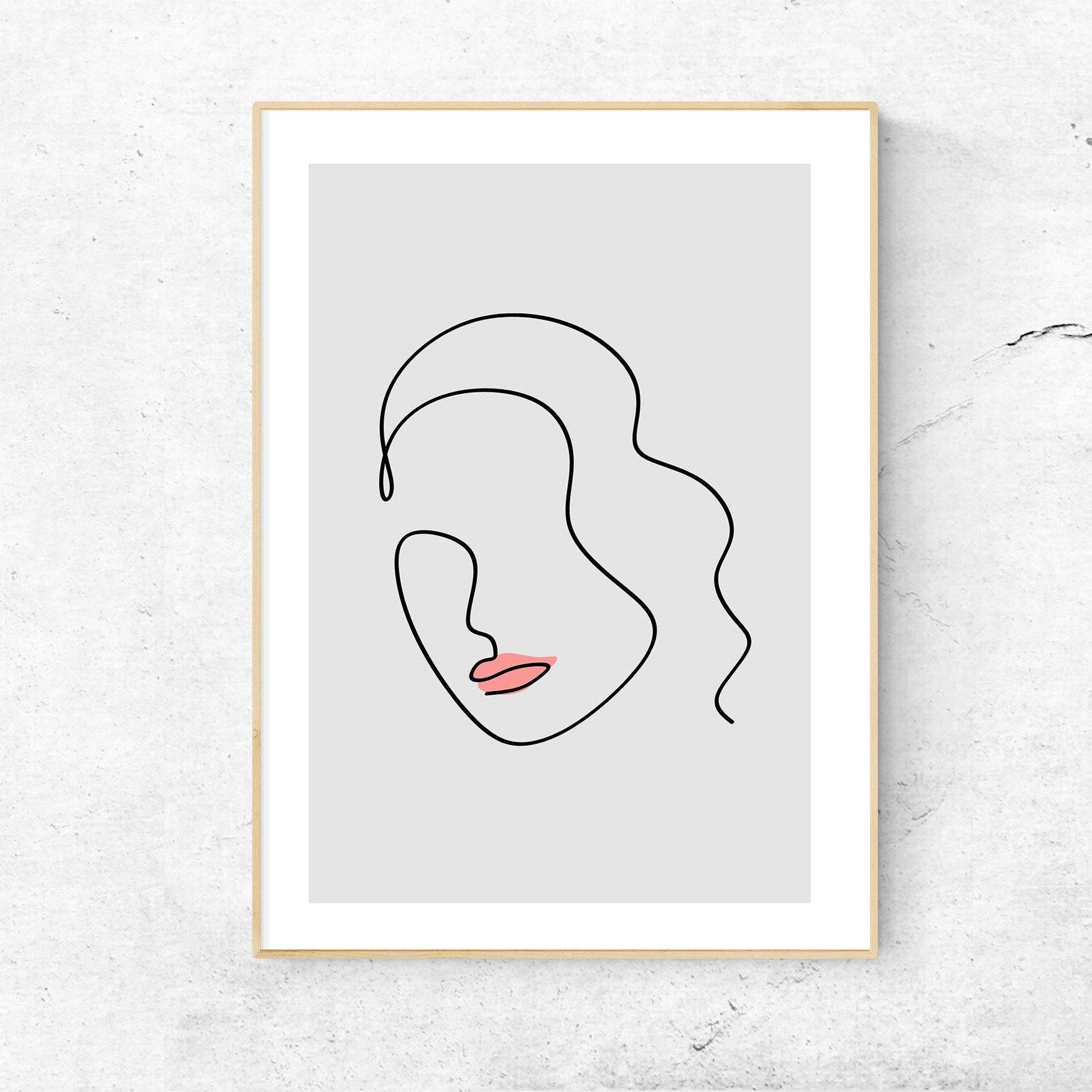 Woman Face Red Line Art Print - 98types