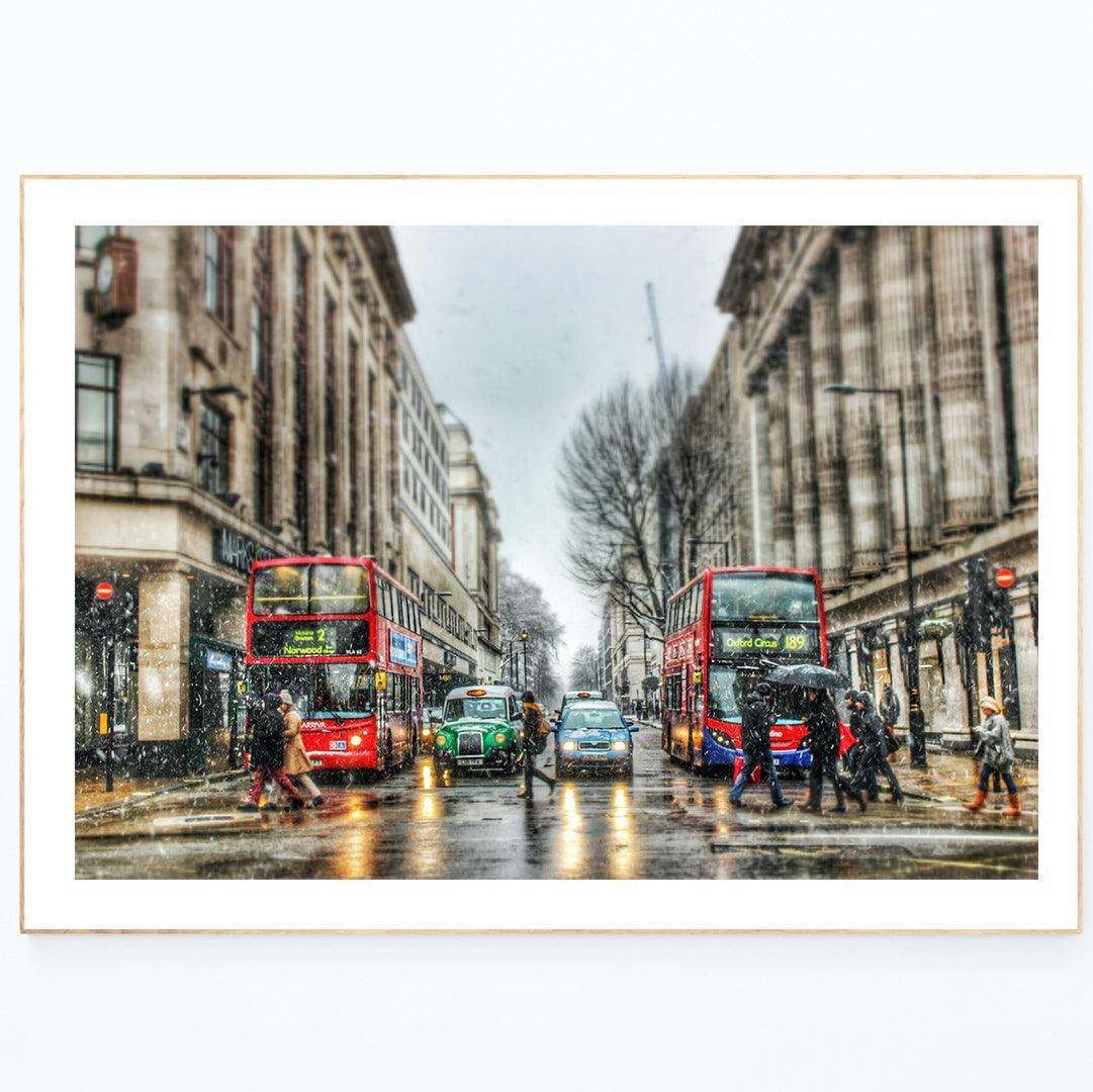 Oxford Street Snow Red Bus London photography print — winter snow red double decker bus shoppers wall art UK - 98types