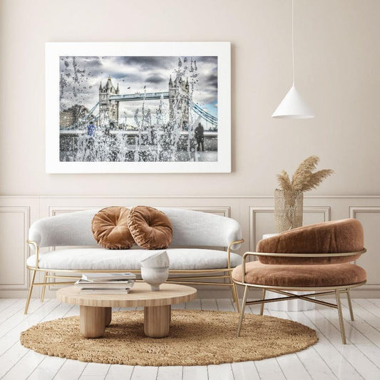 Tower Bridge splash fountain London photography print — Tower Bridge fountain water summer Southwark wall art UK
- 98types