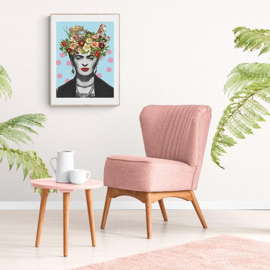 Frida Kahlo Floral Love pop art poster — bold floral portrait feminist wall decoration UK