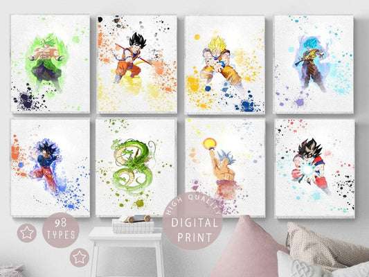 Set 8 Dragon ball Z Poster Watercolour Printable Poster - 98types