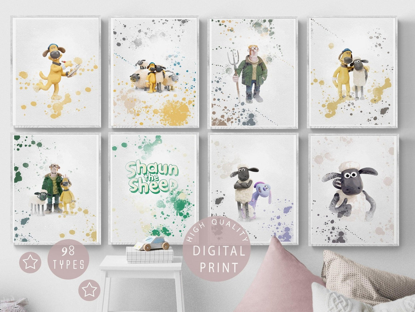 Shaun the sheep Set of 8 Printable Watercolour Print - 98types