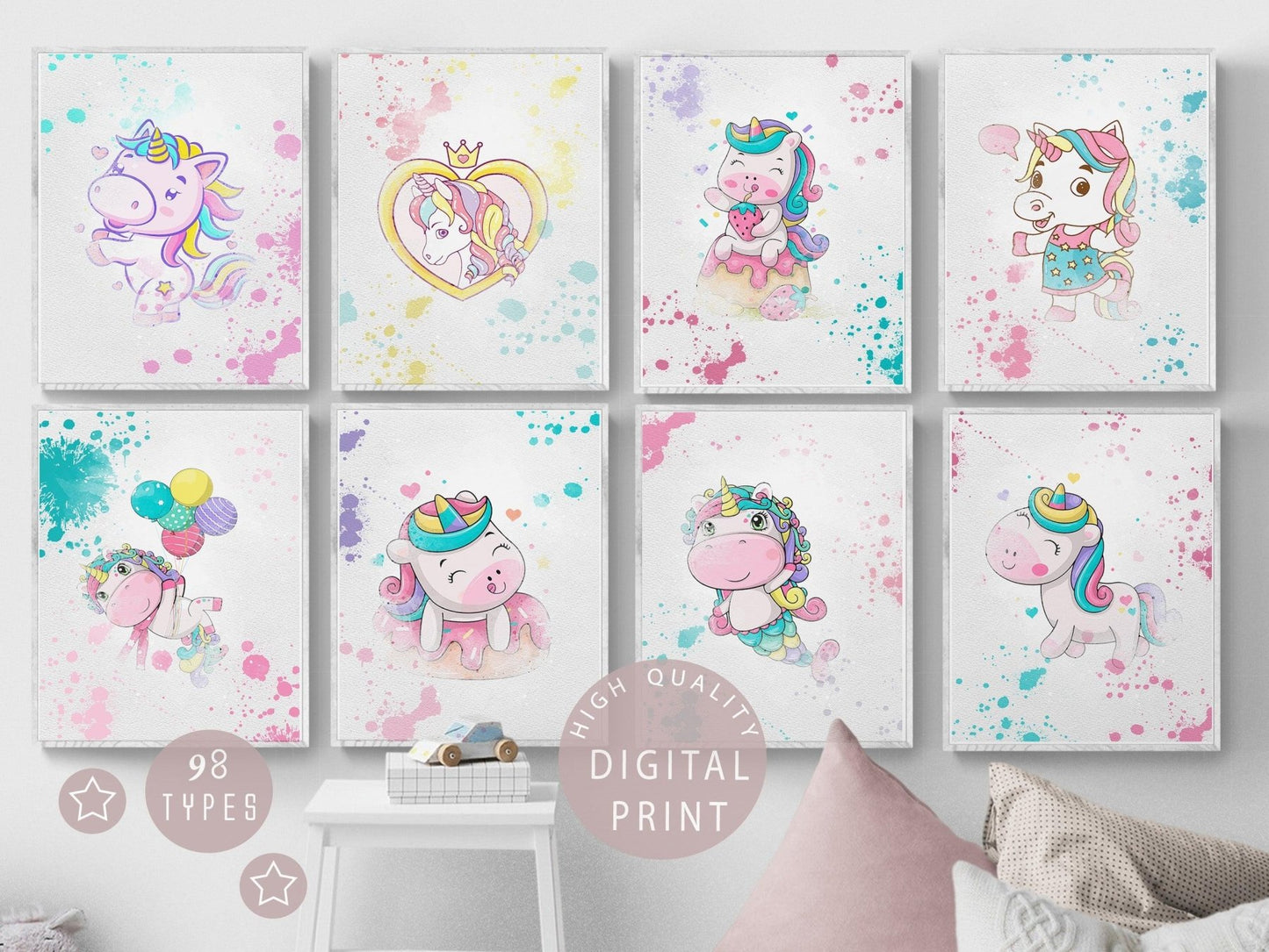 Unicorn Set of 8 watercolour Printable Watercolour Print - 98typesPRINTABLES