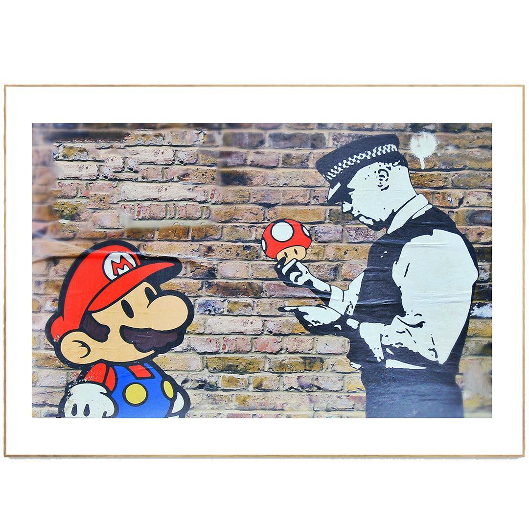 Banksy-style Mario Police street art poster — Super Mario police officer urban graffiti wall art print UK