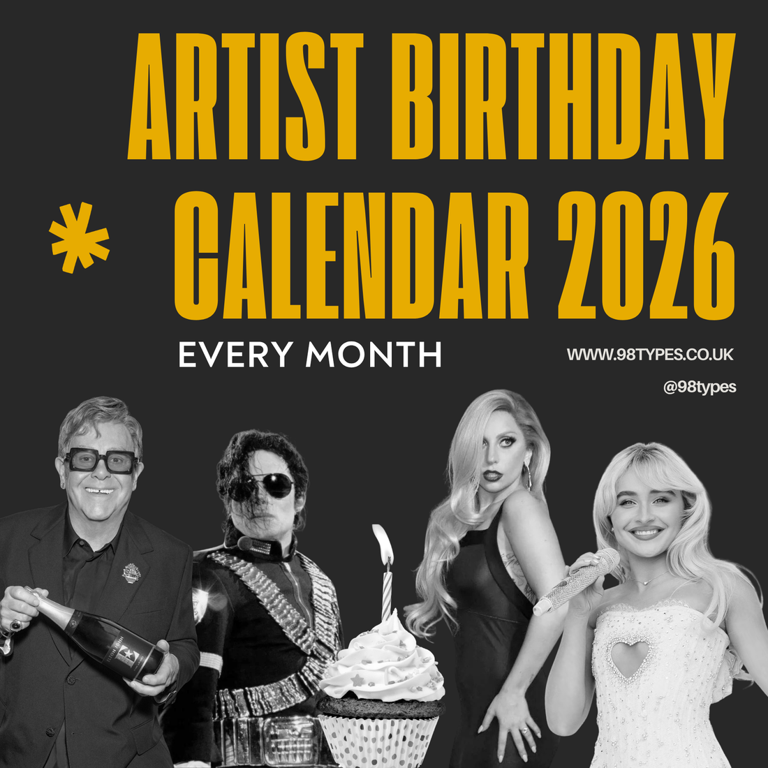 Artist Birthday Calendar 2026 — Every Month | 98types