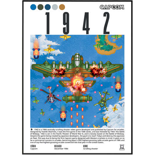 A square printed poster or card featuring the year '1942' in large black numerals above a colorful wartime illustration. The artwork shows fighter planes, bombers, missiles, explosions, and a map in the sky and ocean.