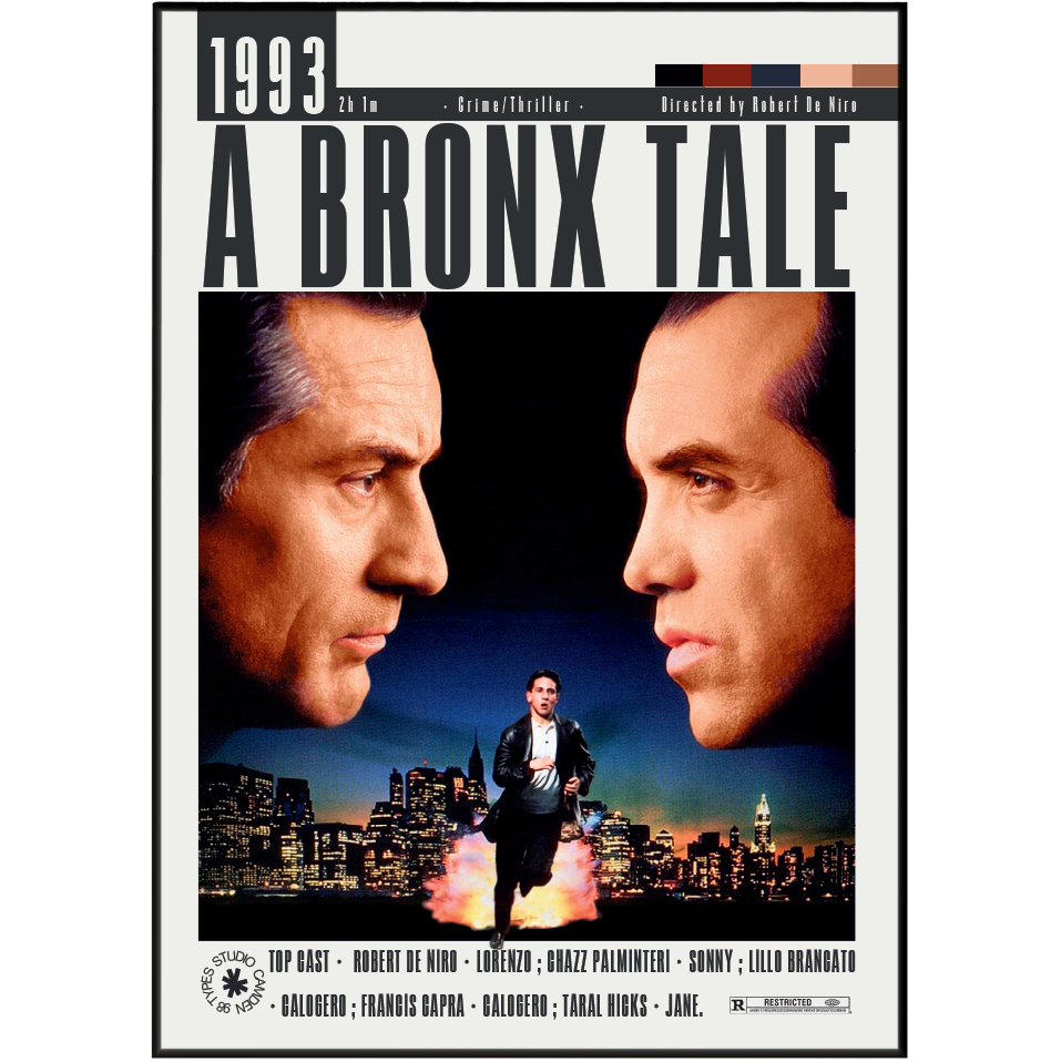 A movie poster for the 1993 film 'A Bronx Tale' featuring two large close-up portraits of a man on either side, with a smaller figure running toward the viewer over a city skyline at the bottom. The title 'A BRONX TALE' is printed prominently at the top, with release and director text above it.