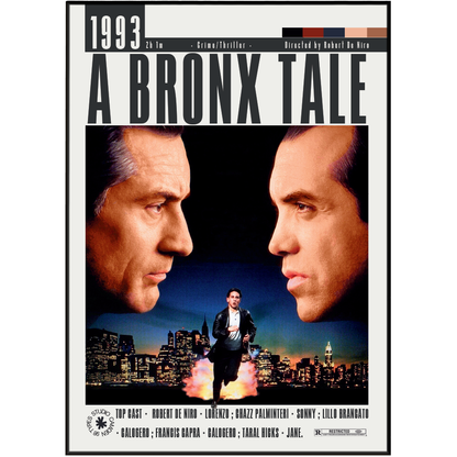 A movie poster for the 1993 film 'A Bronx Tale' featuring two large close-up portraits of a man on either side, with a smaller figure running toward the viewer over a city skyline at the bottom. The title 'A BRONX TALE' is printed prominently at the top, with release and director text above it.