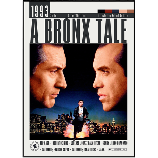 A movie poster for the 1993 film 'A Bronx Tale' featuring two large close-up portraits of a man on either side, with a smaller figure running toward the viewer over a city skyline at the bottom. The title 'A BRONX TALE' is printed prominently at the top, with release and director text above it.