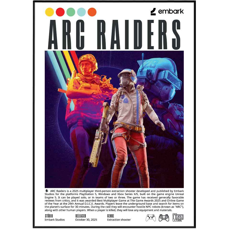 Embark Studios Arc Raiders Exostation Shooter box art packaging, featuring a colorful sci-fi illustration of characters in space with the title 'ARC RAIDERS' in bold black letters.