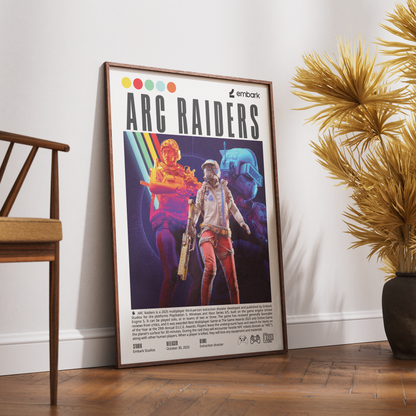 A framed poster titled 'ARC RAIDERS' leaning against a white wall on a wooden floor, with a wooden chair on the left and a potted palm on the right. The poster features colorful sci-fi character artwork and text, including the 'embark' logo.
