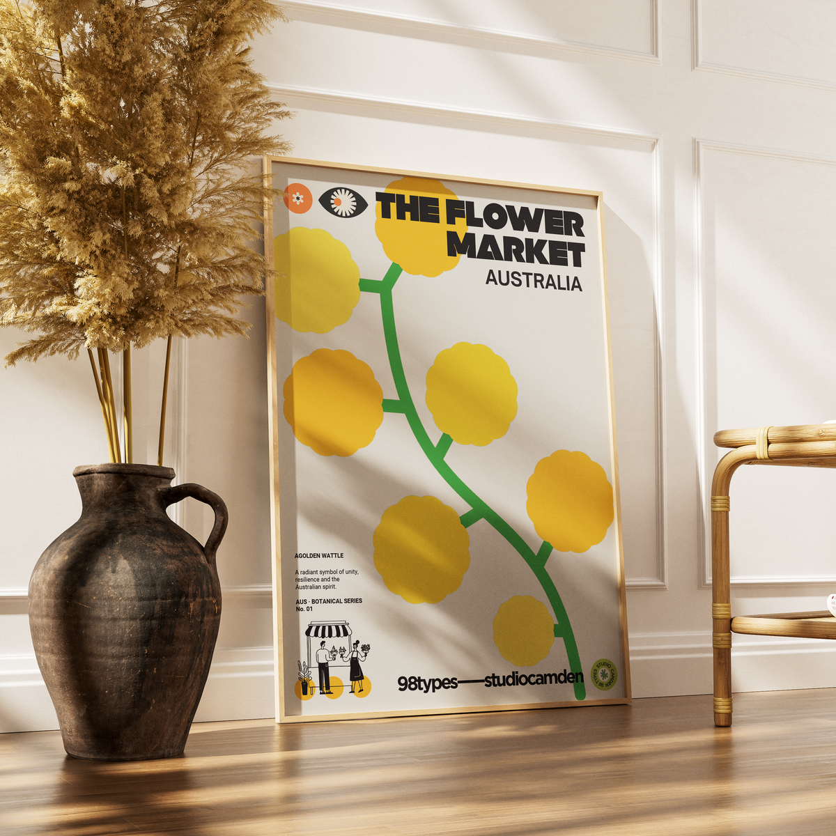 The Flower Market Australia Golden Wattle Acacia botanical poster print UK — national flower graphic wall art 260gsm printed in England Camden Market