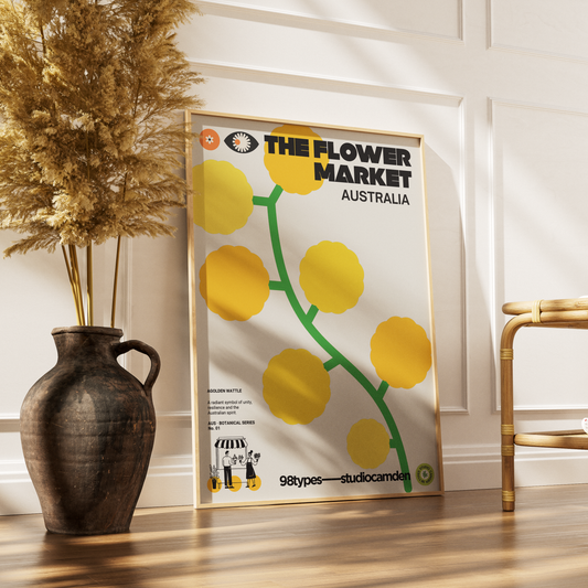 The Flower Market Australia Golden Wattle Acacia botanical poster print UK — national flower graphic wall art 260gsm printed in England Camden Market