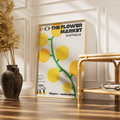 The Flower Market Australia Golden Wattle Acacia botanical poster print UK — national flower graphic wall art 260gsm printed in England Camden Market