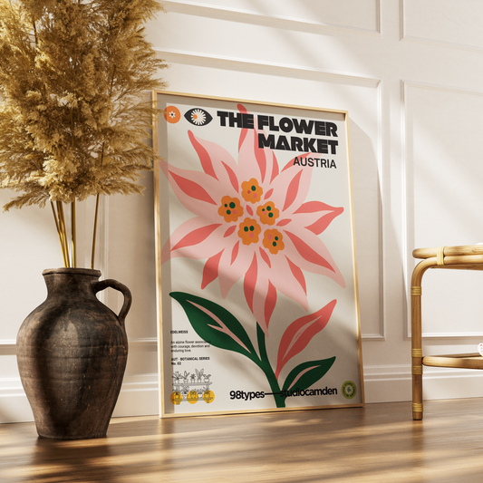 The Flower Market Austria Edelweiss botanical poster print UK — Alpine symbol Sound of Music Tyrolean wall art 260gsm printed in England Camden Market
