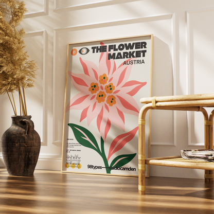 The Flower Market Austria Edelweiss botanical poster print UK — Alpine symbol Sound of Music Tyrolean wall art 260gsm printed in England Camden Market