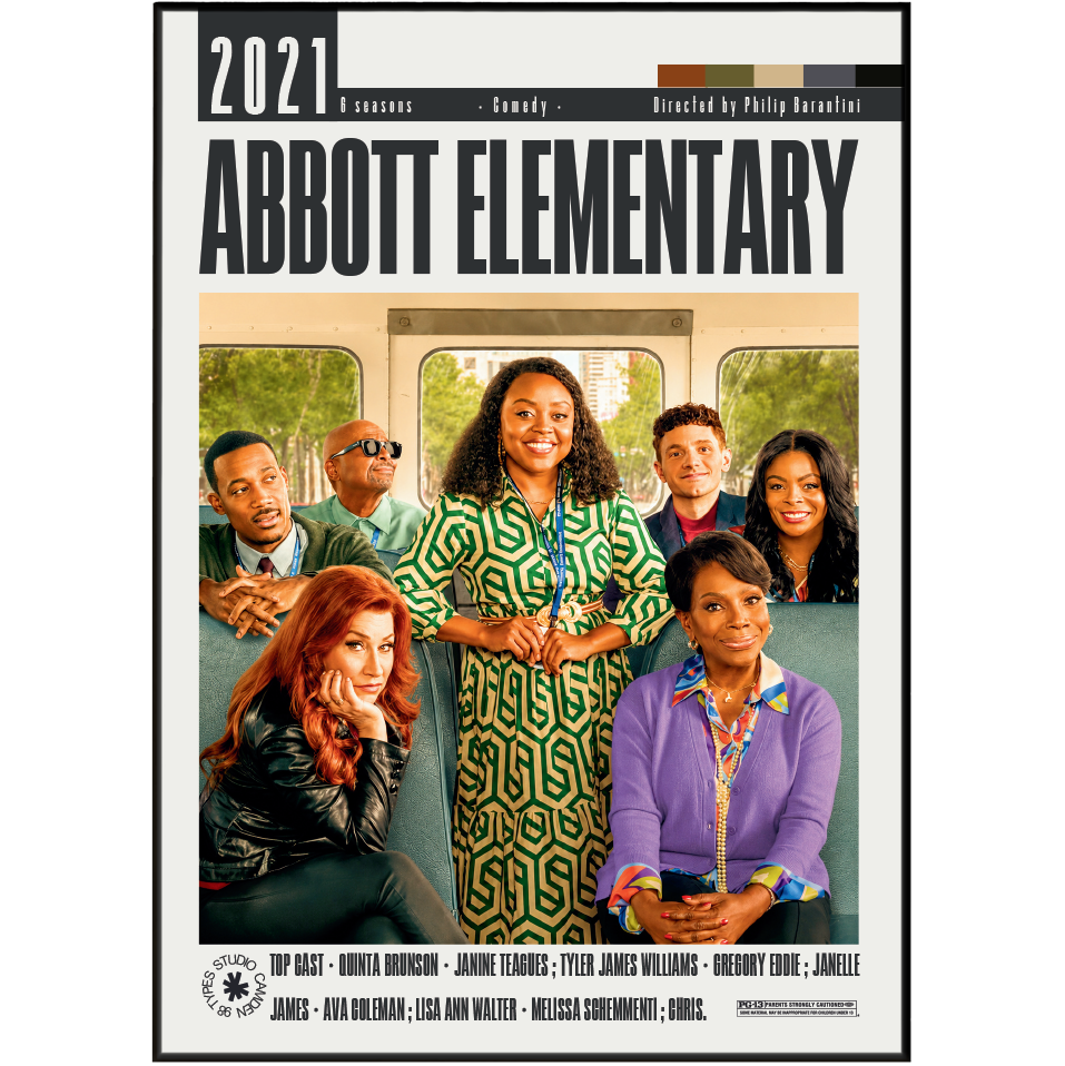 Front cover of the Broadway poster for the musical 'Abbott Elementary' featuring cast members in a classroom scene, with the title 'ABBOTT ELEMENTARY' and '2021' at the top.