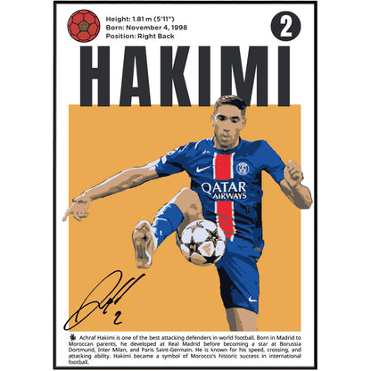 A collectible soccer poster featuring a stylized illustration of footballer Hakimi in a Paris Saint-Germain blue jersey with a Qatar Airways logo, set against a gold background. The poster includes player statistics at the top and a signature at the bottom.
