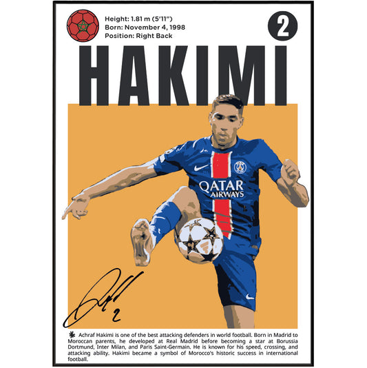 A collectible soccer poster featuring a stylized illustration of footballer Hakimi in a Paris Saint-Germain blue jersey with a Qatar Airways logo, set against a gold background. The poster includes player statistics at the top and a signature at the bottom.