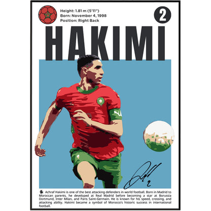 A stylized poster print of footballer Hakimi, featuring a graphic illustration of him in a red and green Morocco jersey with a soccer ball, alongside biographical text and a black border.