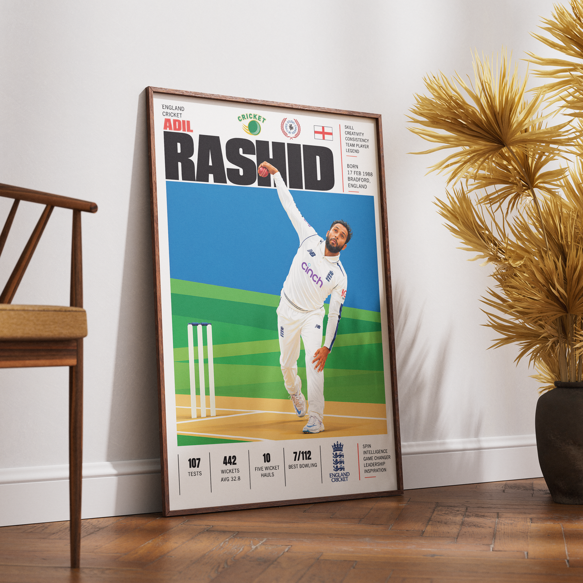 Adil Rashid cricket poster wall art print by 98types
