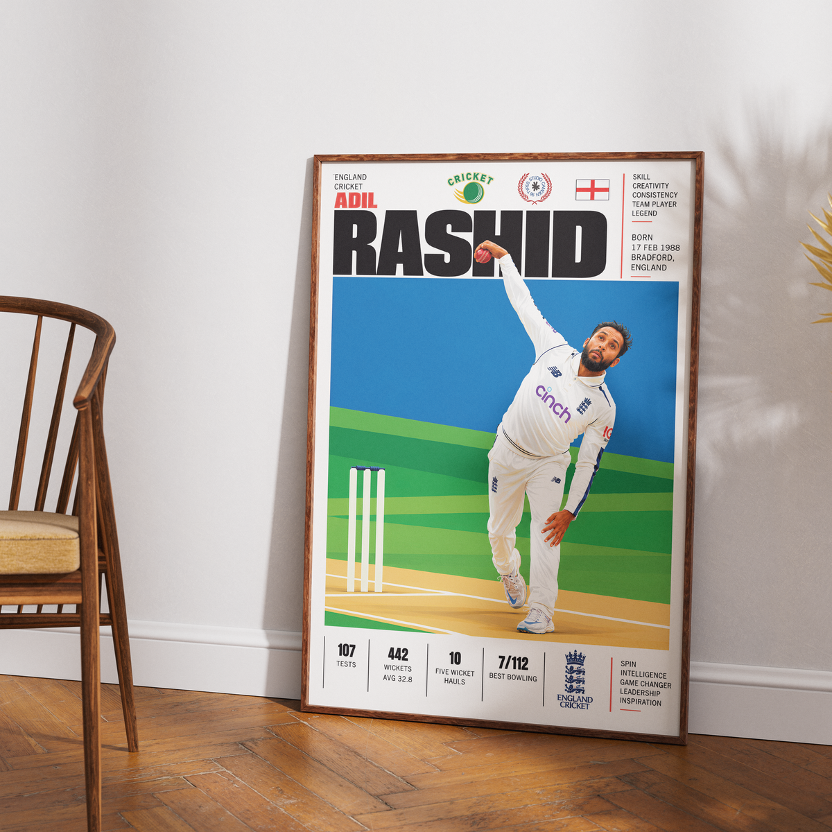 Adil Rashid cricket poster wall art print by 98types