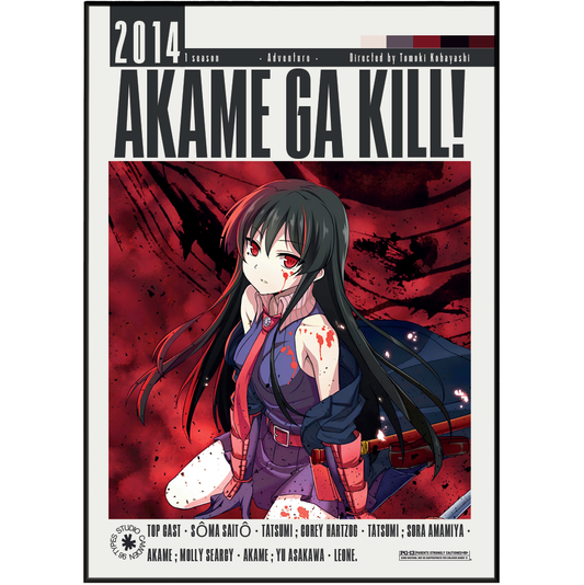 Akame Ga Kill! 2014 anime movie poster featuring a female character with long black hair, red eyes, and blood on her face and clothing, set against a dark red background with a black border.