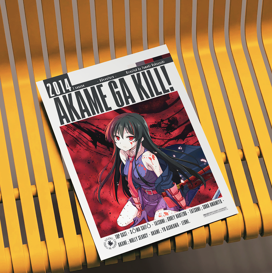 A magazine or book cover titled "Akame Ga Kill! 2014" featuring anime artwork of a female character, photographed resting on a yellow slatted surface.