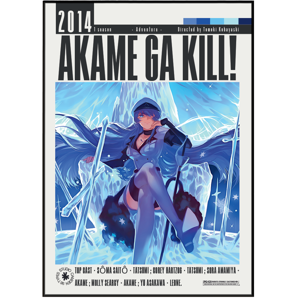 Akame Ga Kill! Season 2014 anime poster featuring a stylized illustration of a female character in a blue and black outfit standing in a snowy icy landscape, with large title text at the top and production credits along the bottom.