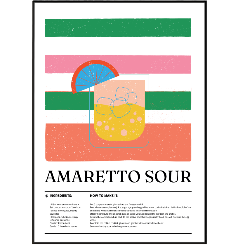 A framed recipe poster for Amaretto Sour featuring a colorful graphic illustration of the drink with a lemon slice, a blue-and-white striped egg yolk, and a yellow amaretto liquid, above a printed recipe layout on a white background.