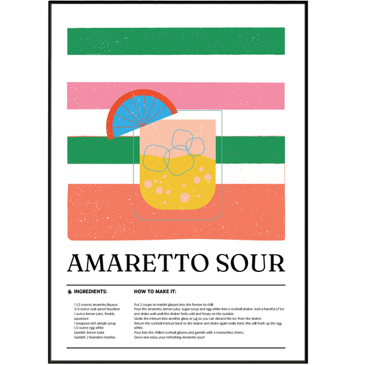 A framed recipe poster for Amaretto Sour featuring a colorful graphic illustration of the drink with a lemon slice, a blue-and-white striped egg yolk, and a yellow amaretto liquid, above a printed recipe layout on a white background.